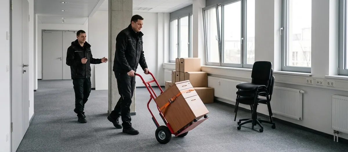 Zwei Träger rollen einen Bürocontainer auf der Sackkarre durch ein leer geräumtes Büro mit grauem Teppichboden