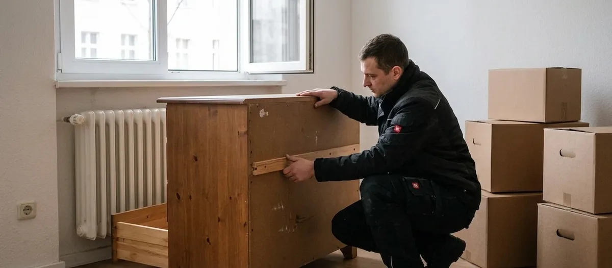 Mann prüft in der Hocke die Rückwand und eine Schublade einer gebrauchten Holzkommode