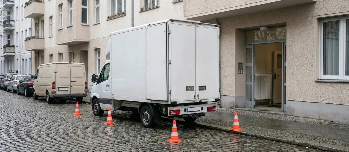 Der weiße Koffer-LKW steht in einer mit orangen Pylonen freigehaltenen Parklücke direkt vor dem Hauseingang