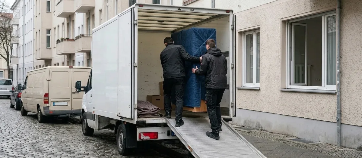 Zwei Träger schieben ein in eine blaue Decke gehülltes Möbelstück über die Ladeklappe in den Koffer-LKW