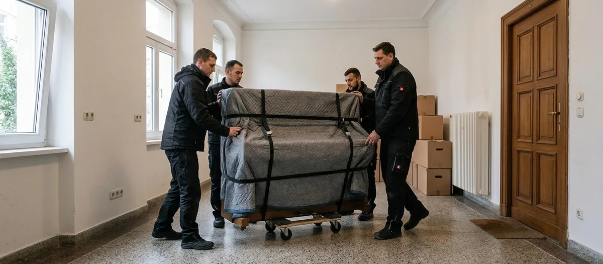 Vier Träger schieben ein in Decken gehülltes und gegurtetes Klavier auf einem Rollbrett durch einen breiten Flur
