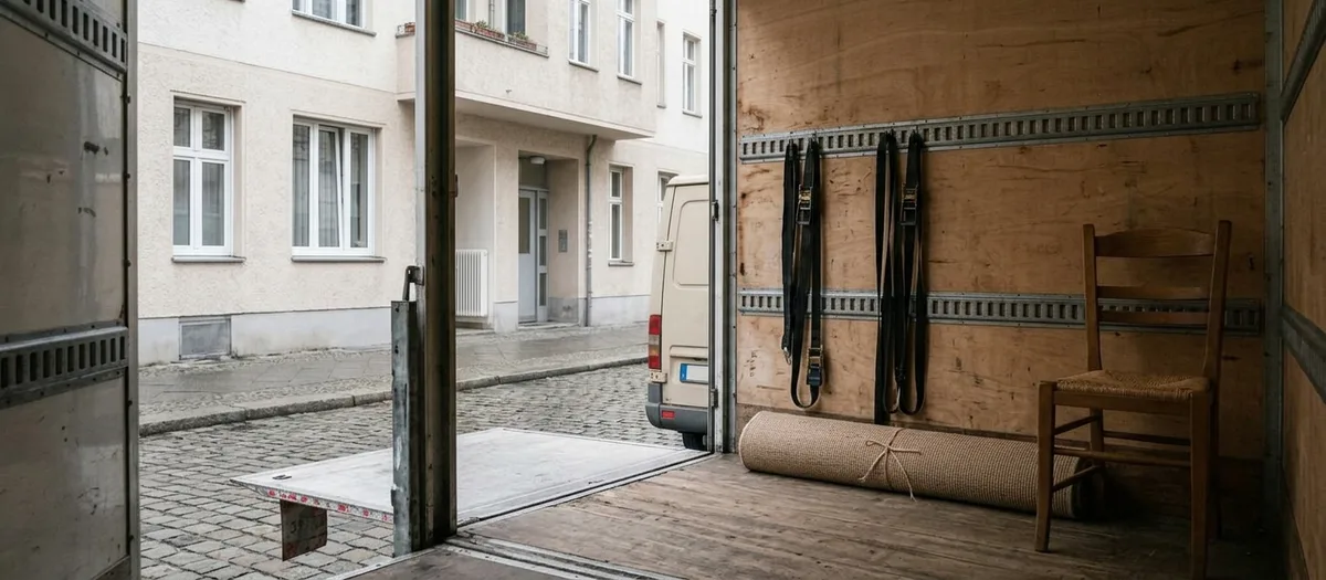 Blick aus dem Laderaum: ein einzelner Holzstuhl und ein gerollter Teppich stehen neben den Spanngurten an der Bordwand