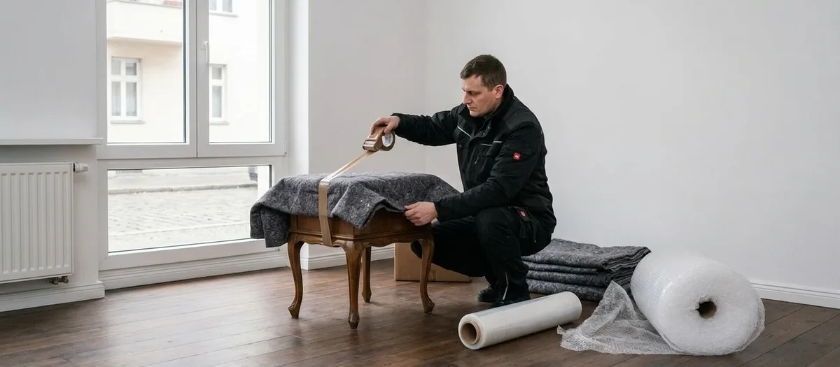Träger klebt eine Möbeldecke um einen kleinen Holztisch, daneben liegen Luftpolsterfolie und Stretchfolie