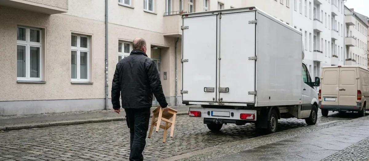 Ein einzelner Träger bringt einen Holzhocker über das Kopfsteinpflaster zum offenen Heck des Koffer-LKW