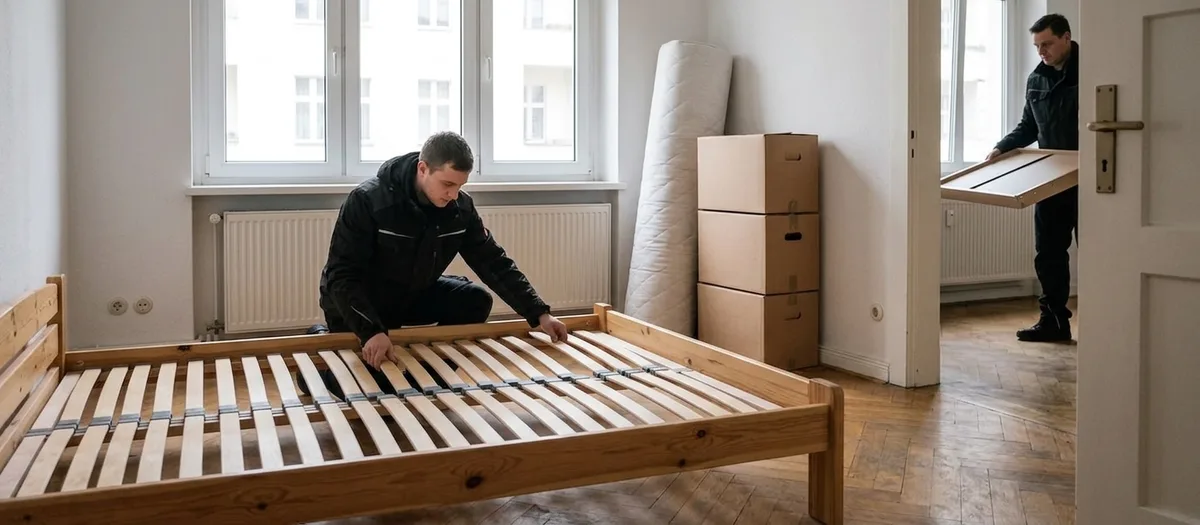 Monteur legt die Latten in ein wieder aufgebautes Bettgestell, dahinter gestapelte Kartons und eine gerollte Matratze
