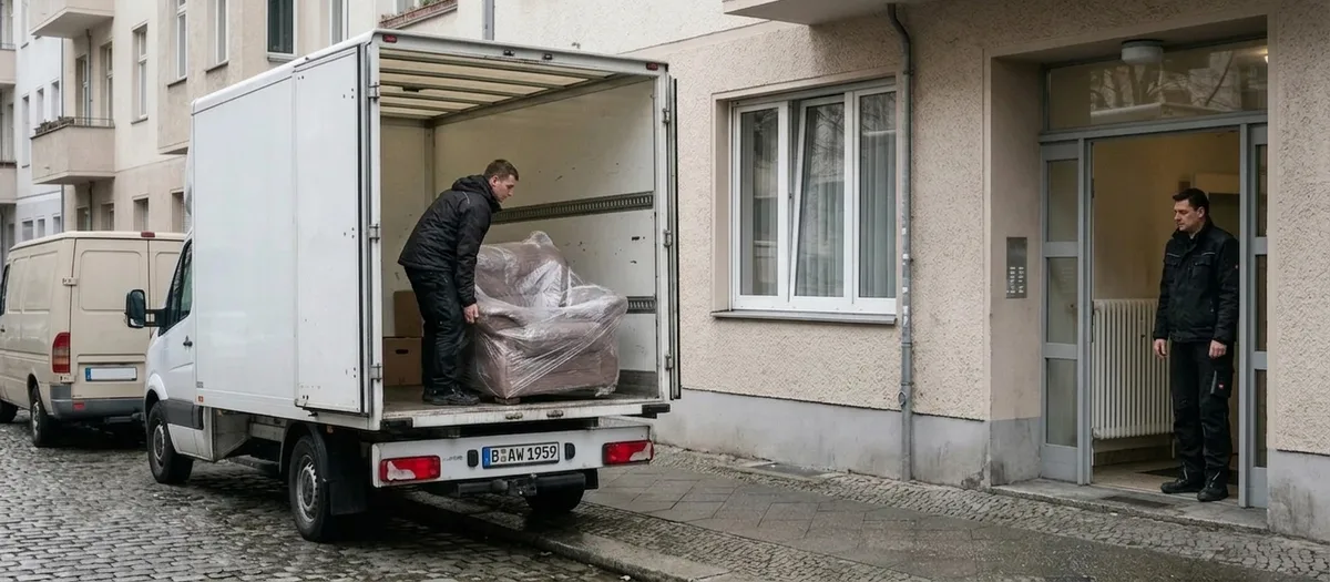 Träger stellt einen in Folie gewickelten Sessel im Laderaum des Koffer-LKW ab, ein Kollege wartet im Hauseingang