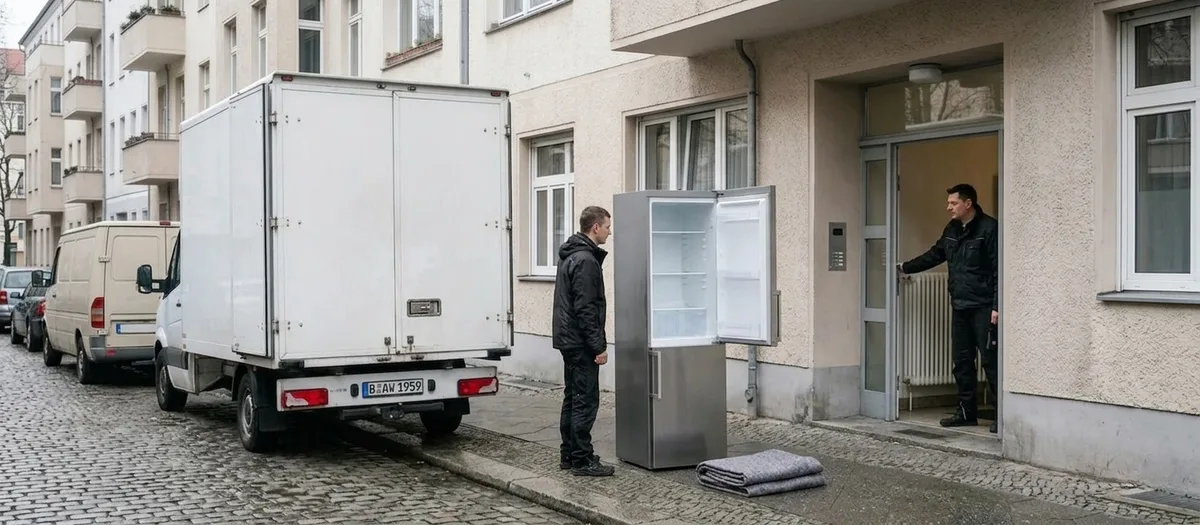 Leerer Kühlschrank mit offener Tür steht am Heck des Koffer-LKW, daneben liegt eine gefaltete Möbeldecke