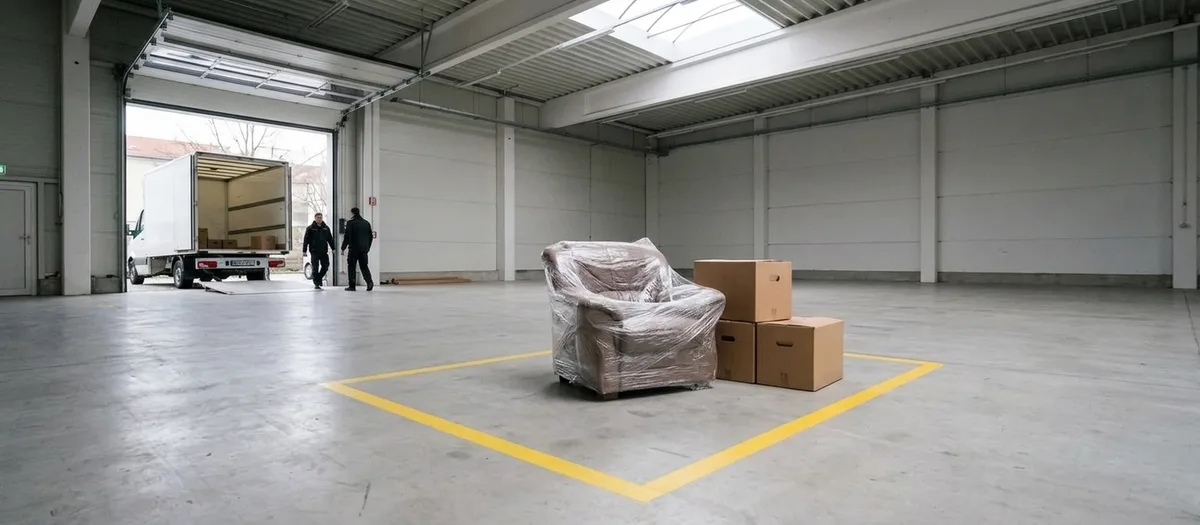 Ein eingeschlagener Sessel und zwei Kartons stehen innerhalb einer gelben Bodenmarkierung in einer leeren Lagerhalle
