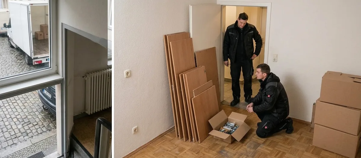 Zerlegte Schrankteile lehnen an der Wand, davor eine offene Kiste mit Beschlägen und ein knieender Träger