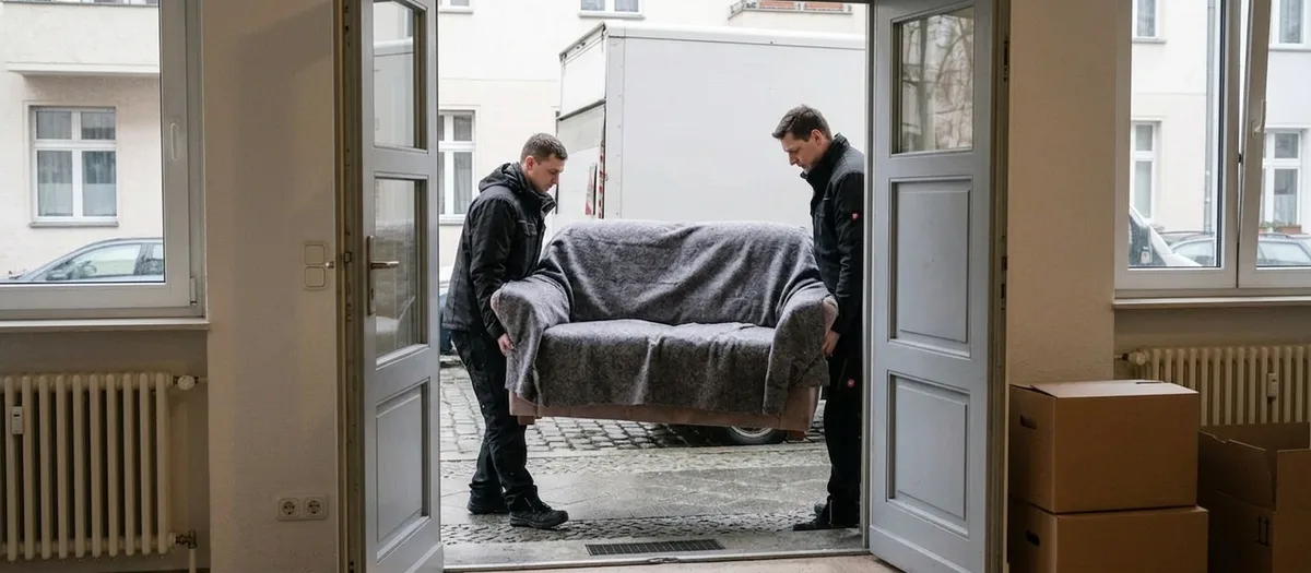 Zwei Träger tragen ein mit einer Möbeldecke abgedecktes Zweisitzer-Sofa durch die geöffnete Flügeltür ins Haus