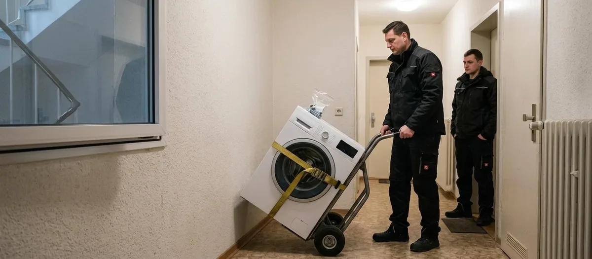 Waschmaschine mit gelbem Spanngurt auf der Sackkarre im Hausflur, zwei Träger daneben