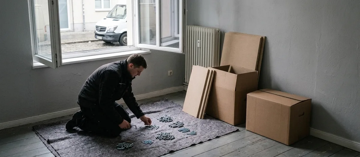 Monteur sortiert Dübel, Schrauben und Beschläge auf einer Decke neben unbedruckten Kartons