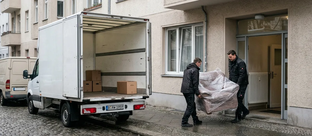 Zwei Träger bringen einen eingewickelten Sessel vom offenen Koffer-LKW zum Hauseingang